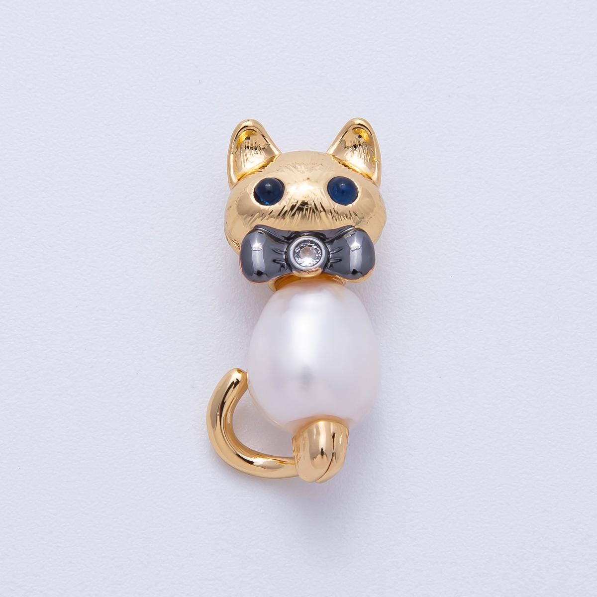 Vintage Style 18k pendant with pearl belly kitty charm whimsical animal necklace component DIY Jewelry Supply Finding | Bead-200000