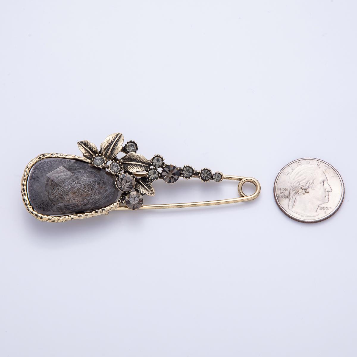Vintage Gold 82mm Dark Rhinestone Flower Safety Pin Brooch Antique Style Hematite Gray Jewelry Gift for Her | BH-068
