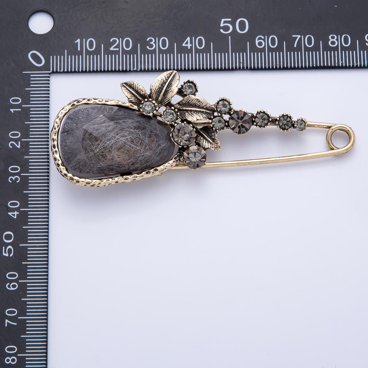 Vintage Gold 82mm Dark Rhinestone Flower Safety Pin Brooch Antique Style Hematite Gray Jewelry Gift for Her | BH-068