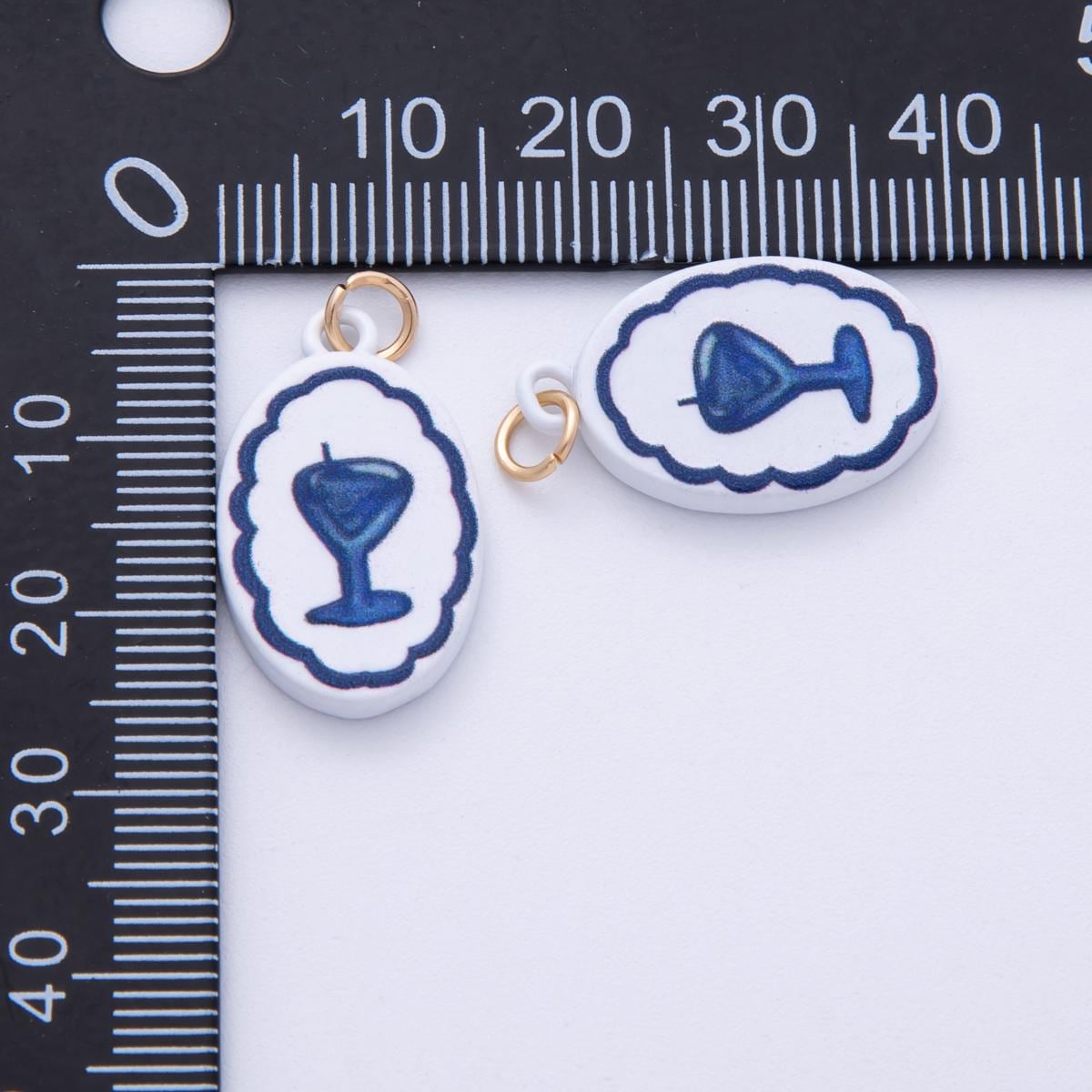 18K Gold Filled 23mm Blue-White Martini Alcohol Drink Glass Oval Charm Enamel Painted Cocktail Pendant DIY Jewelry Making Supply | AF-1590