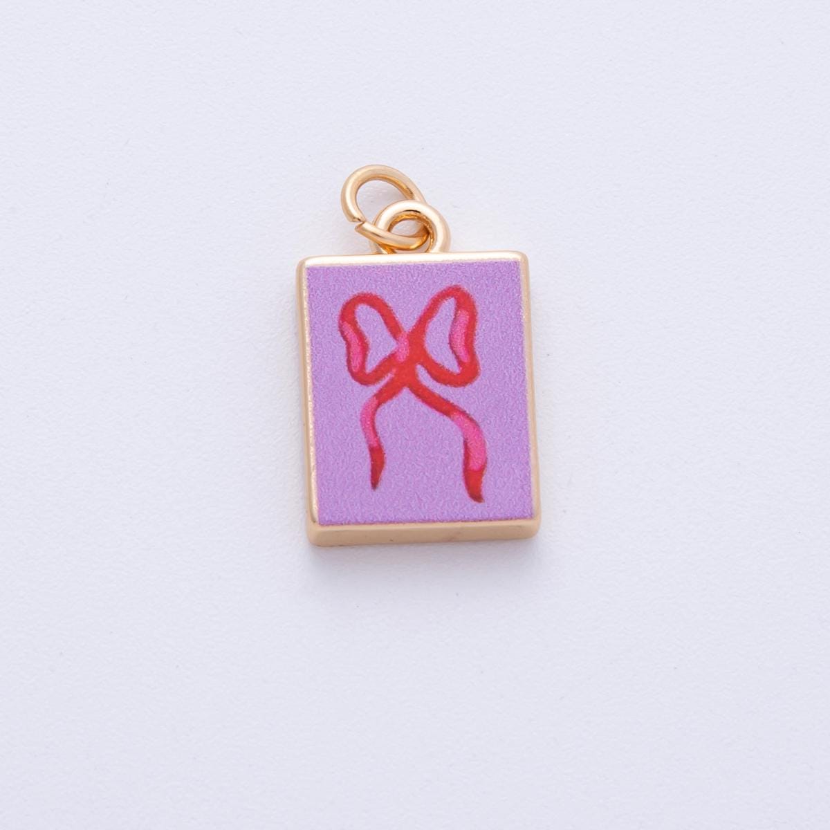 18K Gold Filled 18.2mm Ribbon Bow Pink Rectangle Charm Dainty Enamel Bowknot Pendant DIY Jewelry Supply for Necklace | AF1599