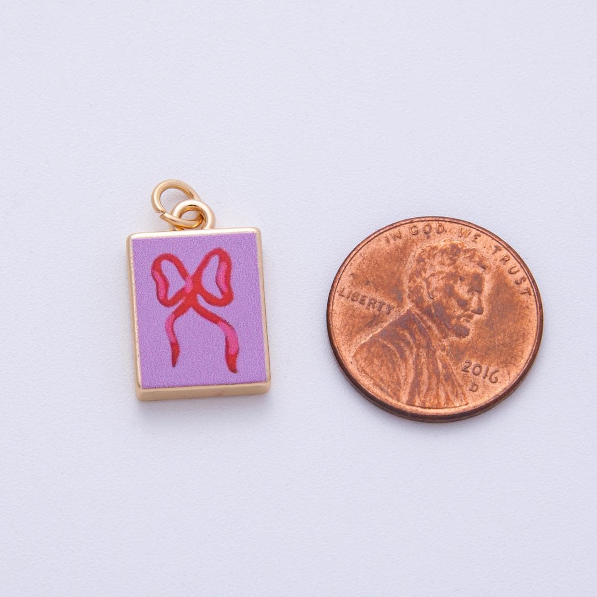 18K Gold Filled 18.2mm Ribbon Bow Pink Rectangle Charm Dainty Enamel Bowknot Pendant DIY Jewelry Supply for Necklace | AF1599