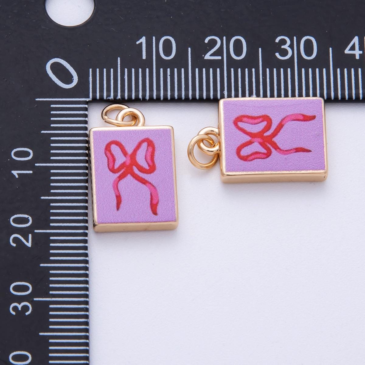 18K Gold Filled 18.2mm Ribbon Bow Pink Rectangle Charm Dainty Enamel Bowknot Pendant DIY Jewelry Supply for Necklace | AF1599