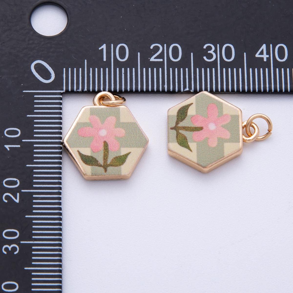 18K Gold Filled 17.5mm Flower Plant Hexagon Charm Enamel Floral Tile Pendant Dainty Botanical Gift DIY Jewelry Supply | AF-1602