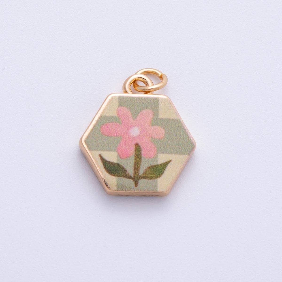 18K Gold Filled 17.5mm Flower Plant Hexagon Charm Enamel Floral Tile Pendant Dainty Botanical Gift DIY Jewelry Supply | AF-1602