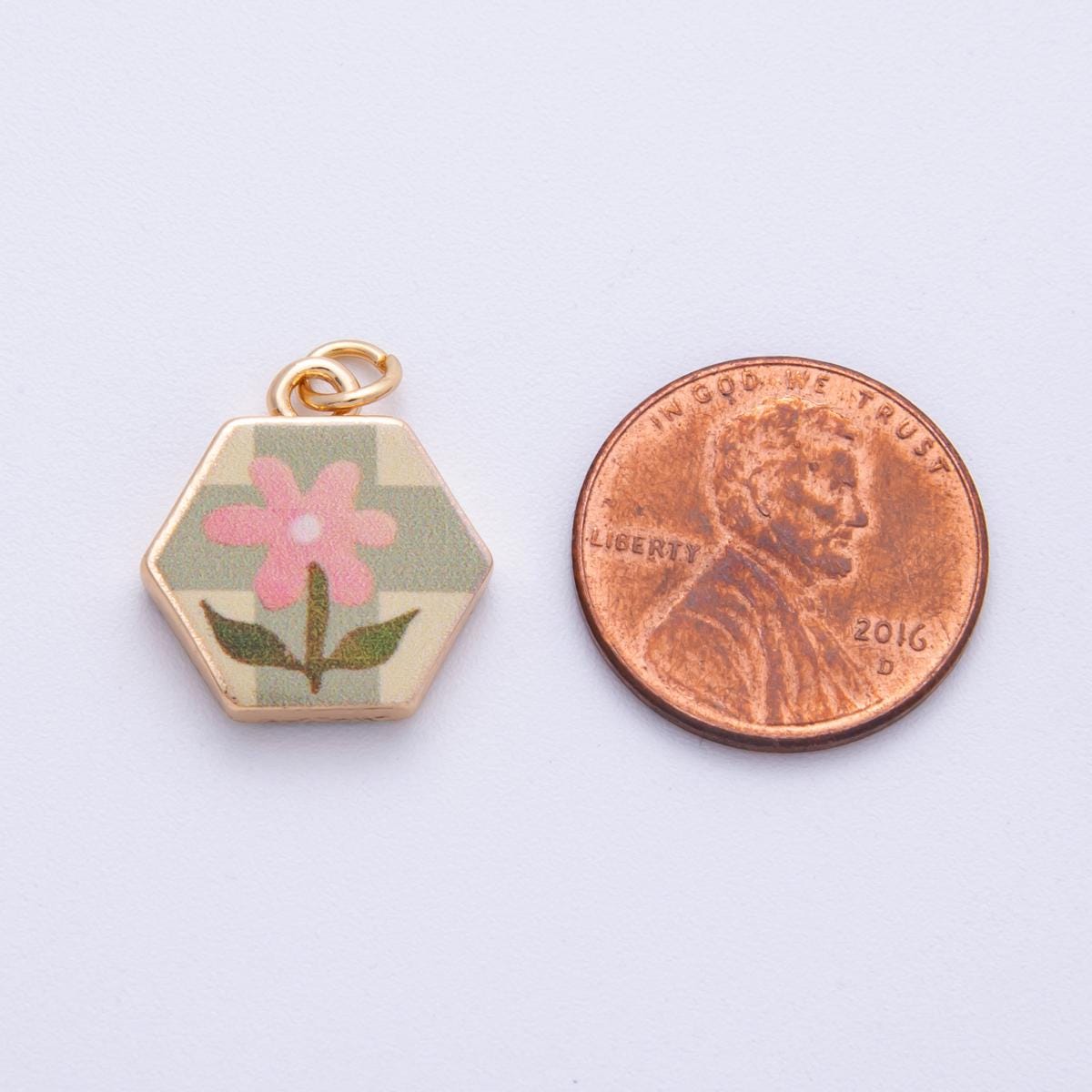 18K Gold Filled 17.5mm Flower Plant Hexagon Charm Enamel Floral Tile Pendant Dainty Botanical Gift DIY Jewelry Supply | AF-1602