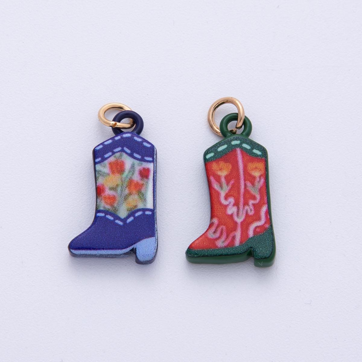 18K Gold Filled 21mm Blue, Green Flower Print Cowboy Shoes Charm Floral Western Enamel Pendant Country Western Gift for Necklace | AF1606