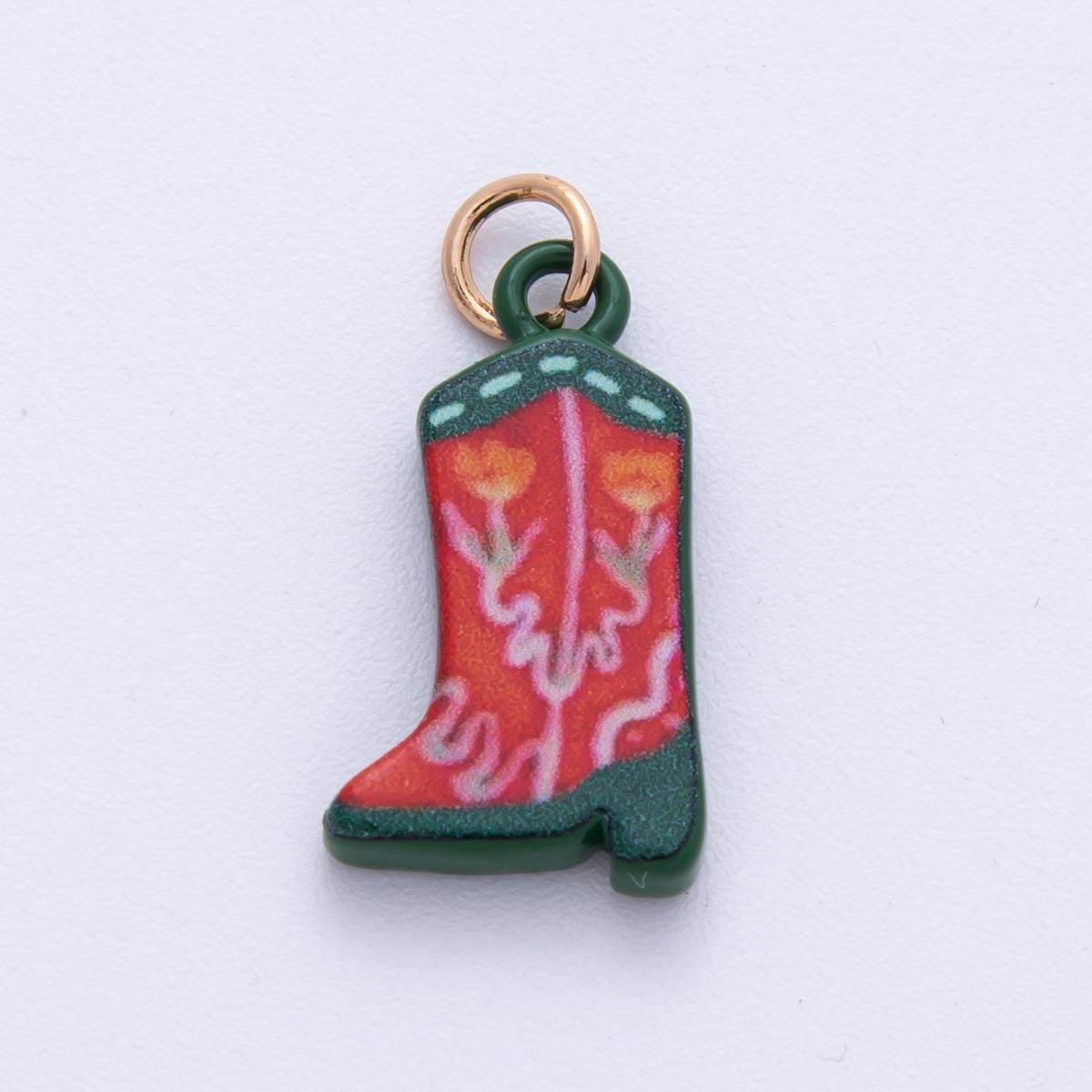 18K Gold Filled 21mm Blue, Green Flower Print Cowboy Shoes Charm Floral Western Enamel Pendant Country Western Gift for Necklace | AF1606