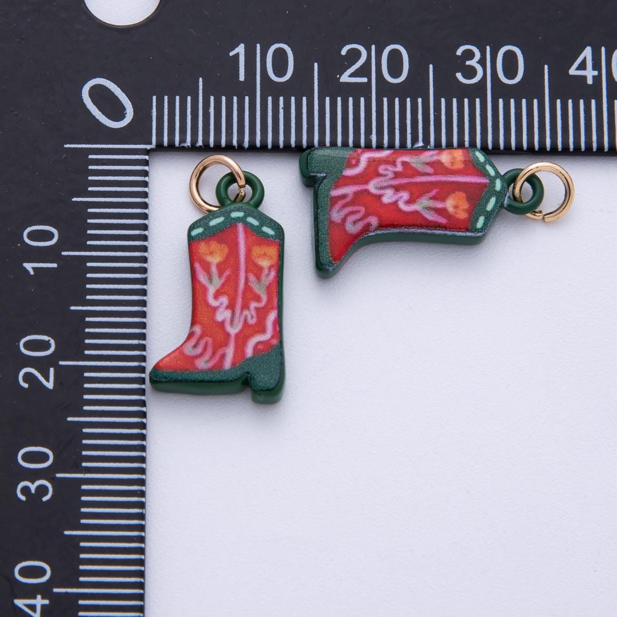 18K Gold Filled 21mm Blue, Green Flower Print Cowboy Shoes Charm Floral Western Enamel Pendant Country Western Gift for Necklace | AF1606