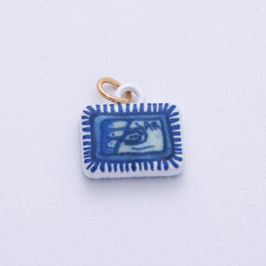 18K Gold Filled 13mm Blue-White Fish Sardine Tin Can Rectangle Charm Novelty Food Jewelry Supply DIY for Necklaces or Bracelets | AF1610