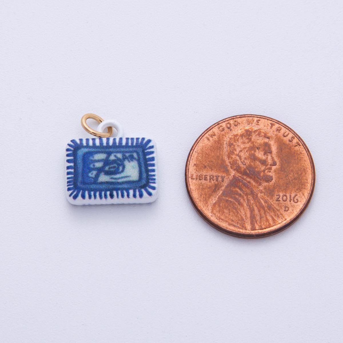 18K Gold Filled 13mm Blue-White Fish Sardine Tin Can Rectangle Charm Novelty Food Jewelry Supply DIY for Necklaces or Bracelets | AF1610