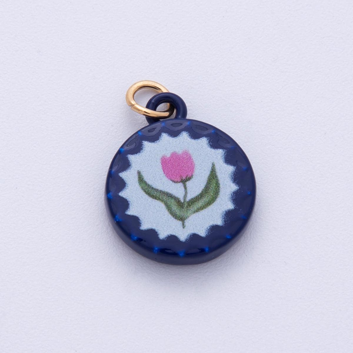 18K Gold Filled 18mm Pink Rose Flower Blue Round Charm Dainty Tulip Floral Enamel Pendant DIY Jewelry Supply for Necklace | AF1615