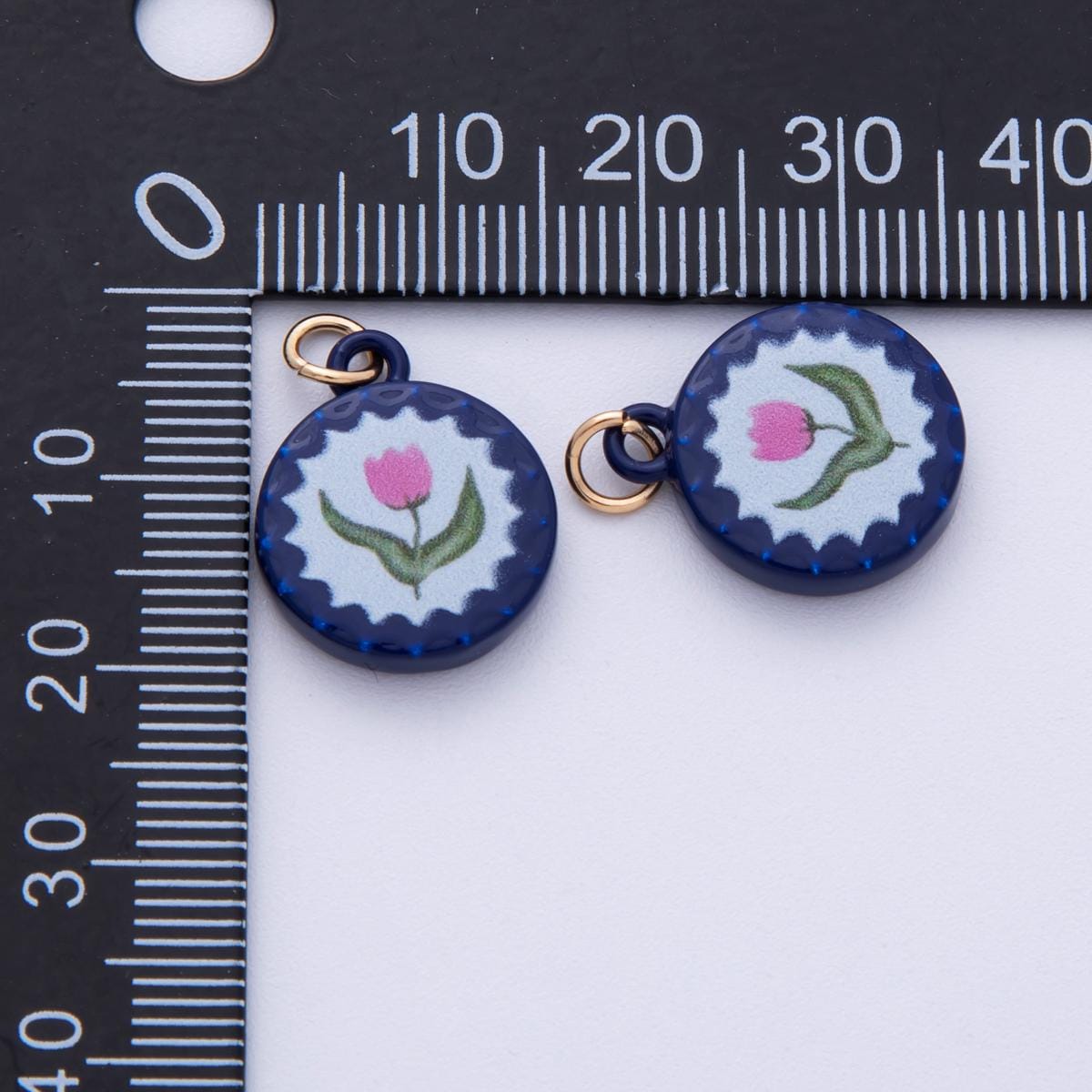 18K Gold Filled 18mm Pink Rose Flower Blue Round Charm Dainty Tulip Floral Enamel Pendant DIY Jewelry Supply for Necklace | AF1615