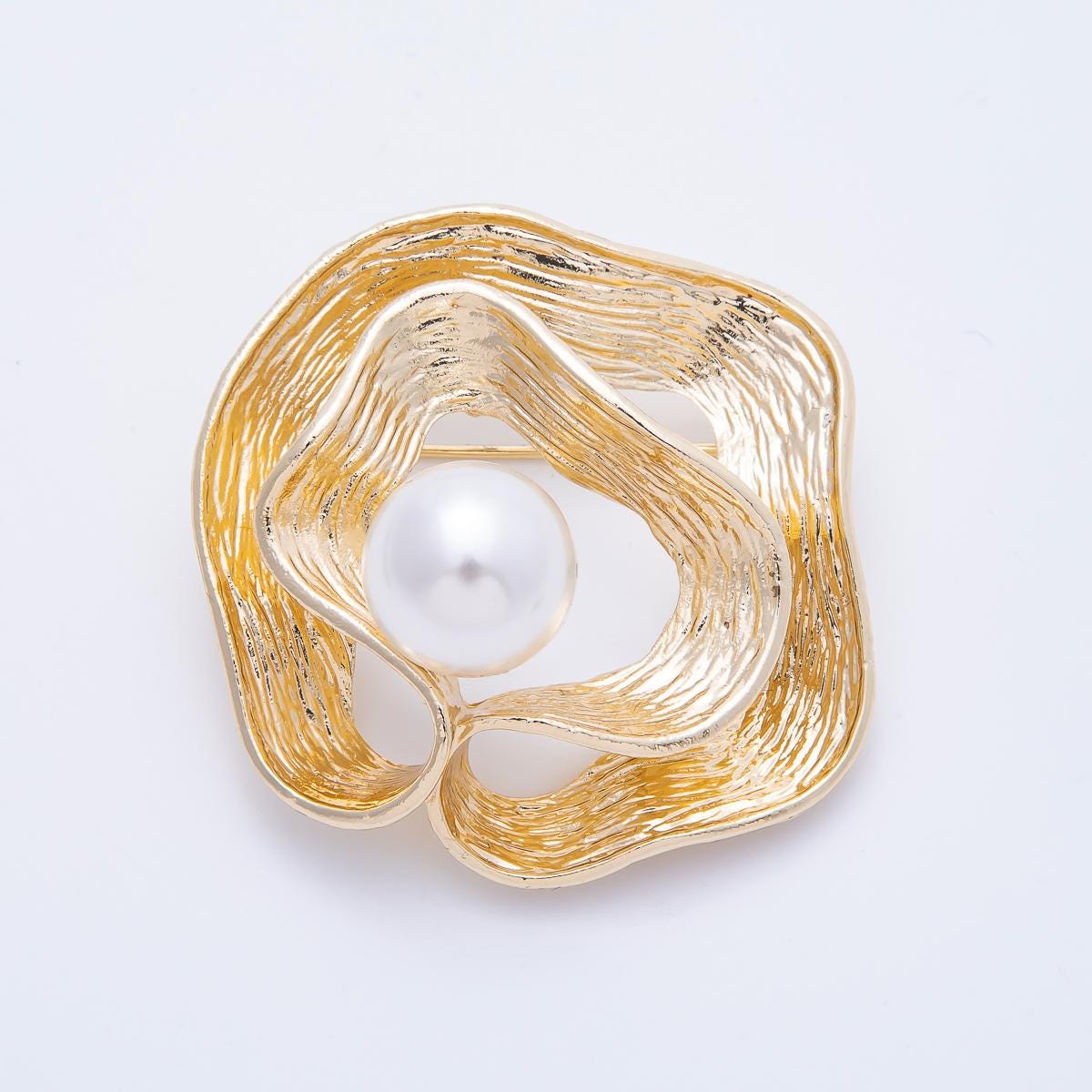 Gold 47mm White Pearl Geometric Foil Brooch Modern Abstract Wave Pin Statement Jewelry Gift for Her for Coats Bags and Scarves | BH-074