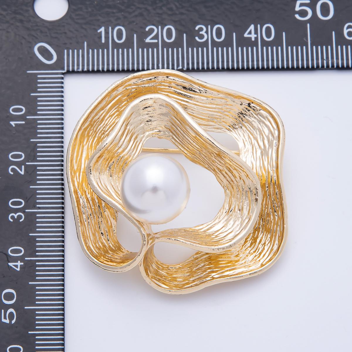 Gold 47mm White Pearl Geometric Foil Brooch Modern Abstract Wave Pin Statement Jewelry Gift for Her for Coats Bags and Scarves | BH-074