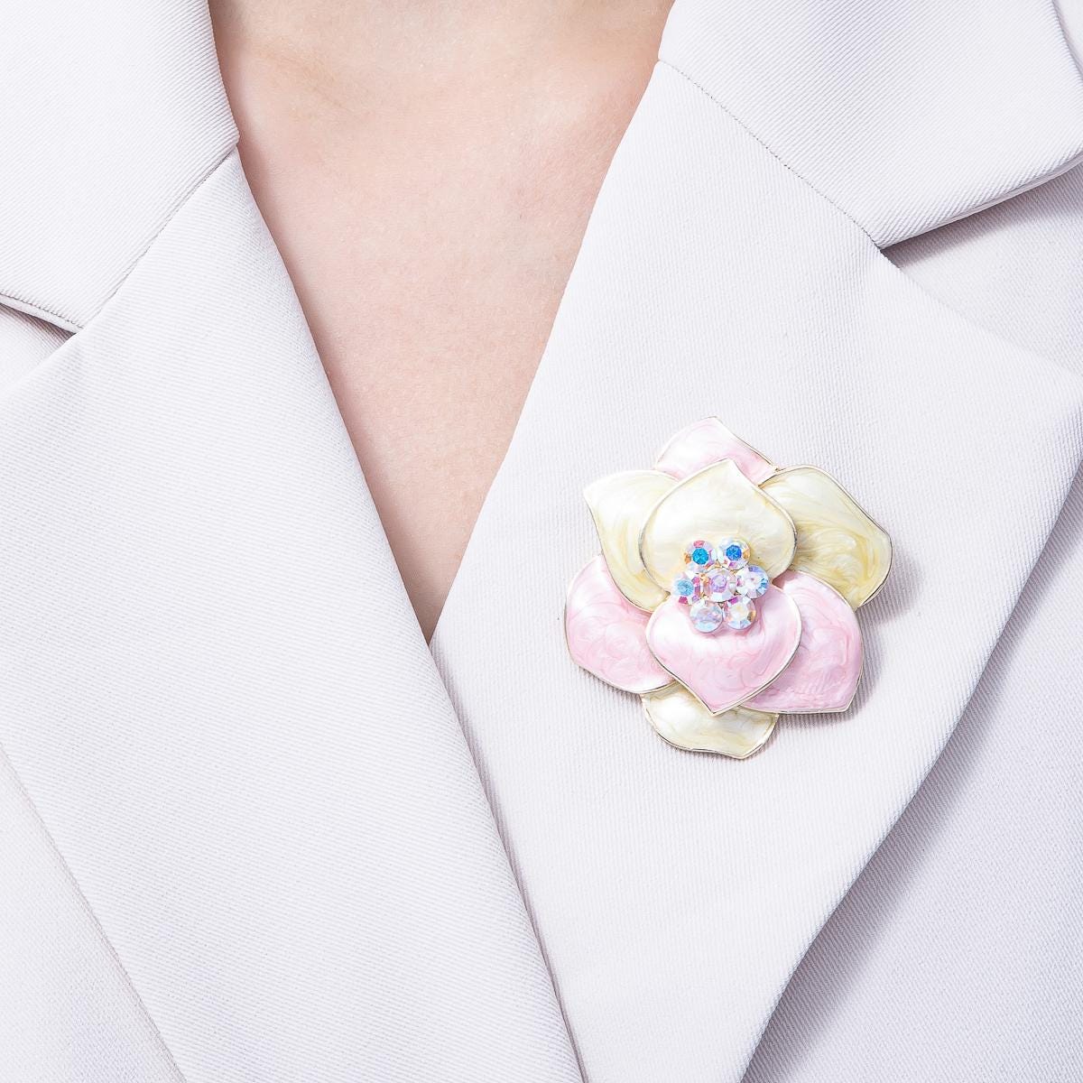 Gold 48.2mm Rhinestone Yellow Pink Glitter Enamel Flower Brooch for Coat Bags Scarves Elegant Jewelry Accessory Gift Idea for Her | BH071