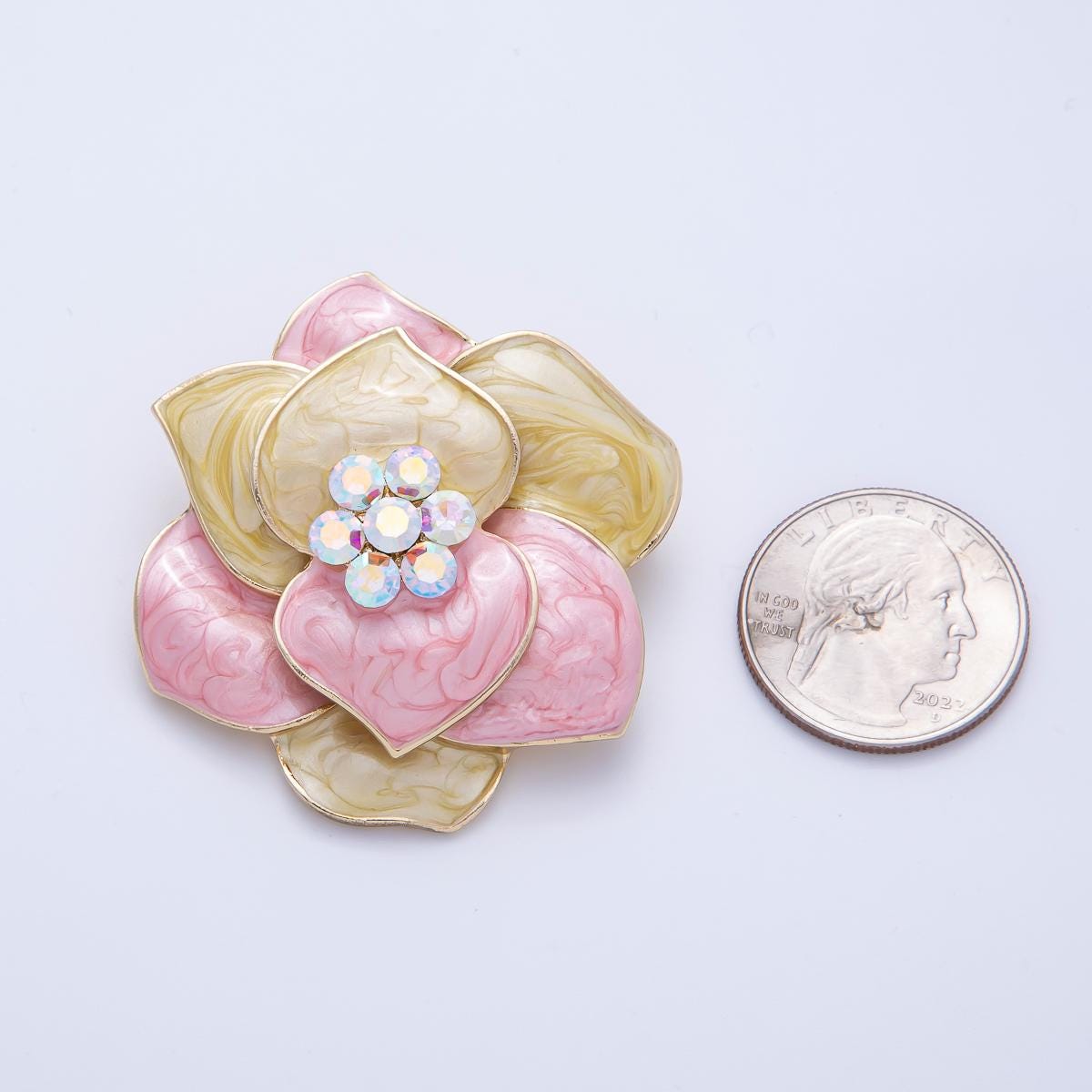 Gold 48.2mm Rhinestone Yellow Pink Glitter Enamel Flower Brooch for Coat Bags Scarves Elegant Jewelry Accessory Gift Idea for Her | BH071