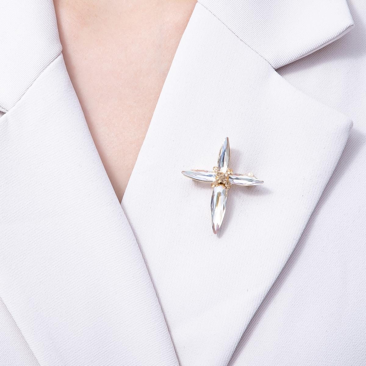 Gold 39mm Marquise Rhinestone Tied Cross Pin Brooch Statement Christian Gift Large Faith Accessory for Coats Bags and Scarves | BH-056