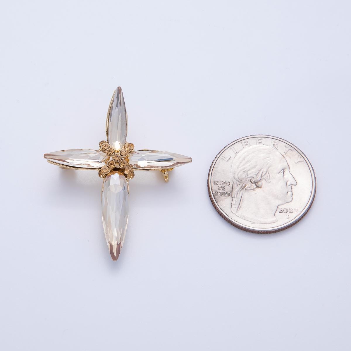 Gold 39mm Marquise Rhinestone Tied Cross Pin Brooch Statement Christian Gift Large Faith Accessory for Coats Bags and Scarves | BH-056