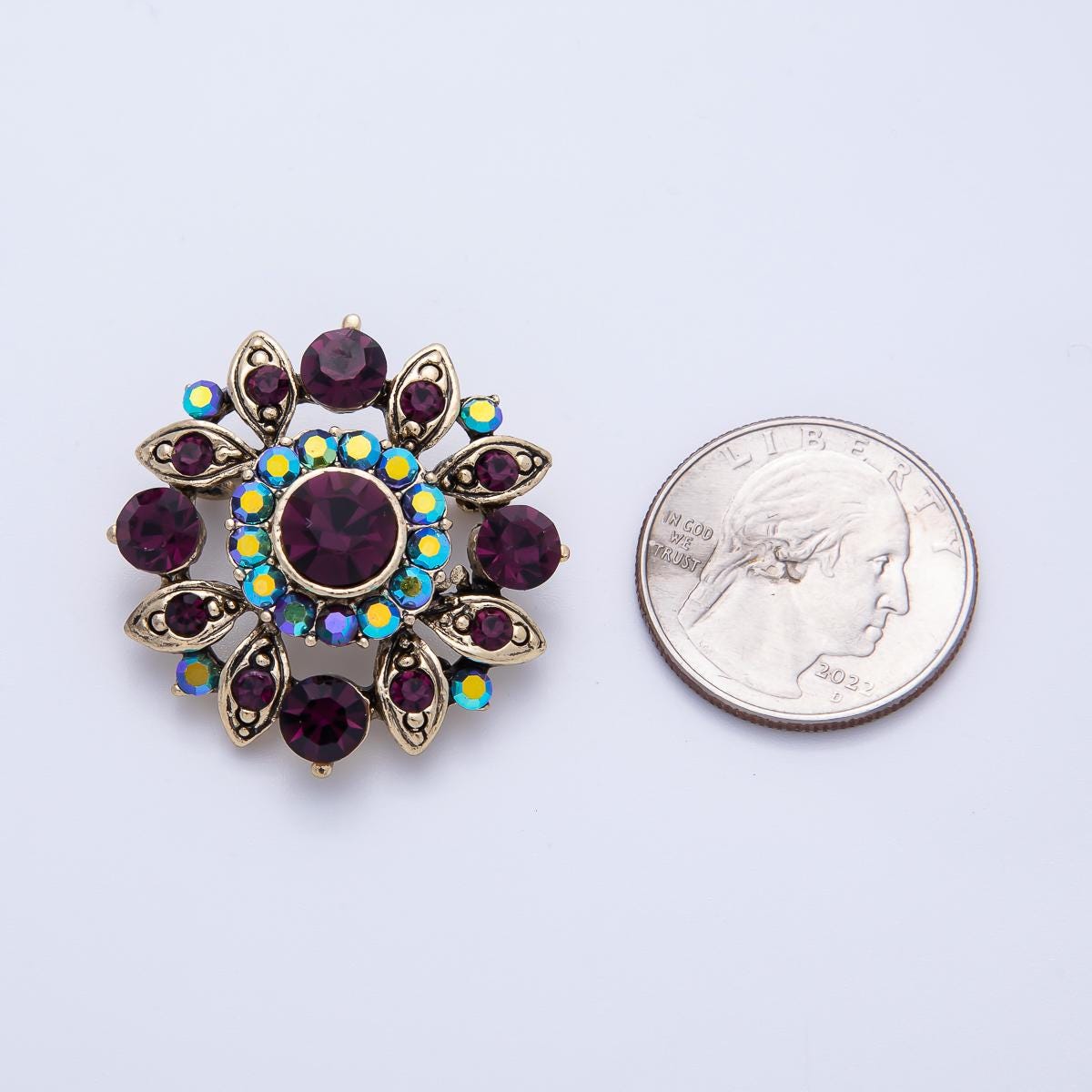 Vintage Gold 33.2mm Purple Rhinestone Geometric Pin Brooch Amethyst Aurora Statement Jewelry Gift for Her | BH-077