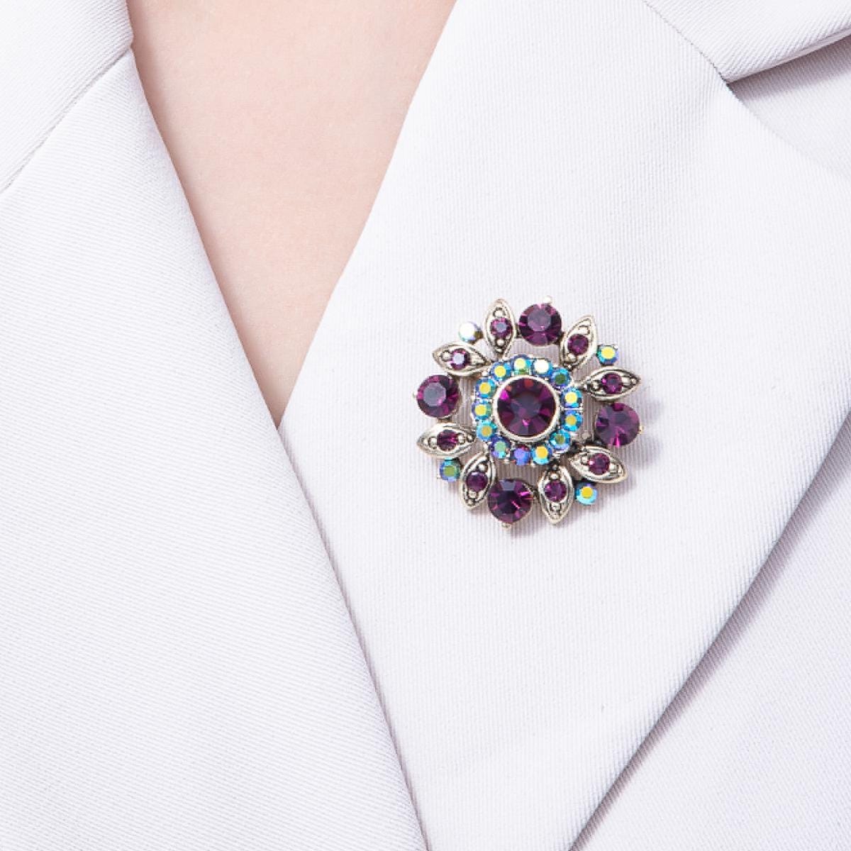 Vintage Gold 33.2mm Purple Rhinestone Geometric Pin Brooch Amethyst Aurora Statement Jewelry Gift for Her | BH-077