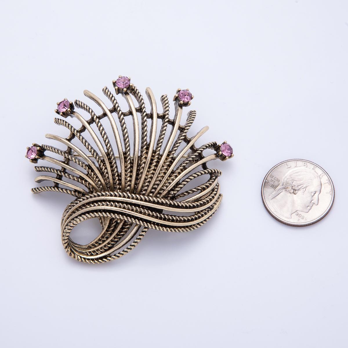 Vintage Silver 68mm Pink Rhinestone Curved Geometric Pin Brooch Mid Century Harvest Pin Accessory for Coats Bags and Scarves | BH-079