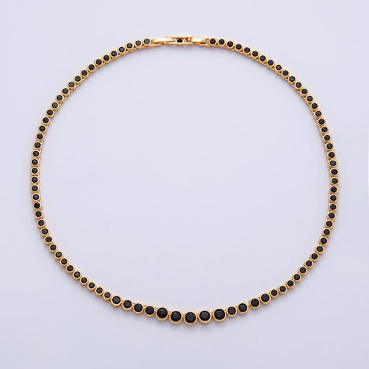 24K Gold Filled Black CZ Graduated Tennis Necklace 16 inch | WA-4508
