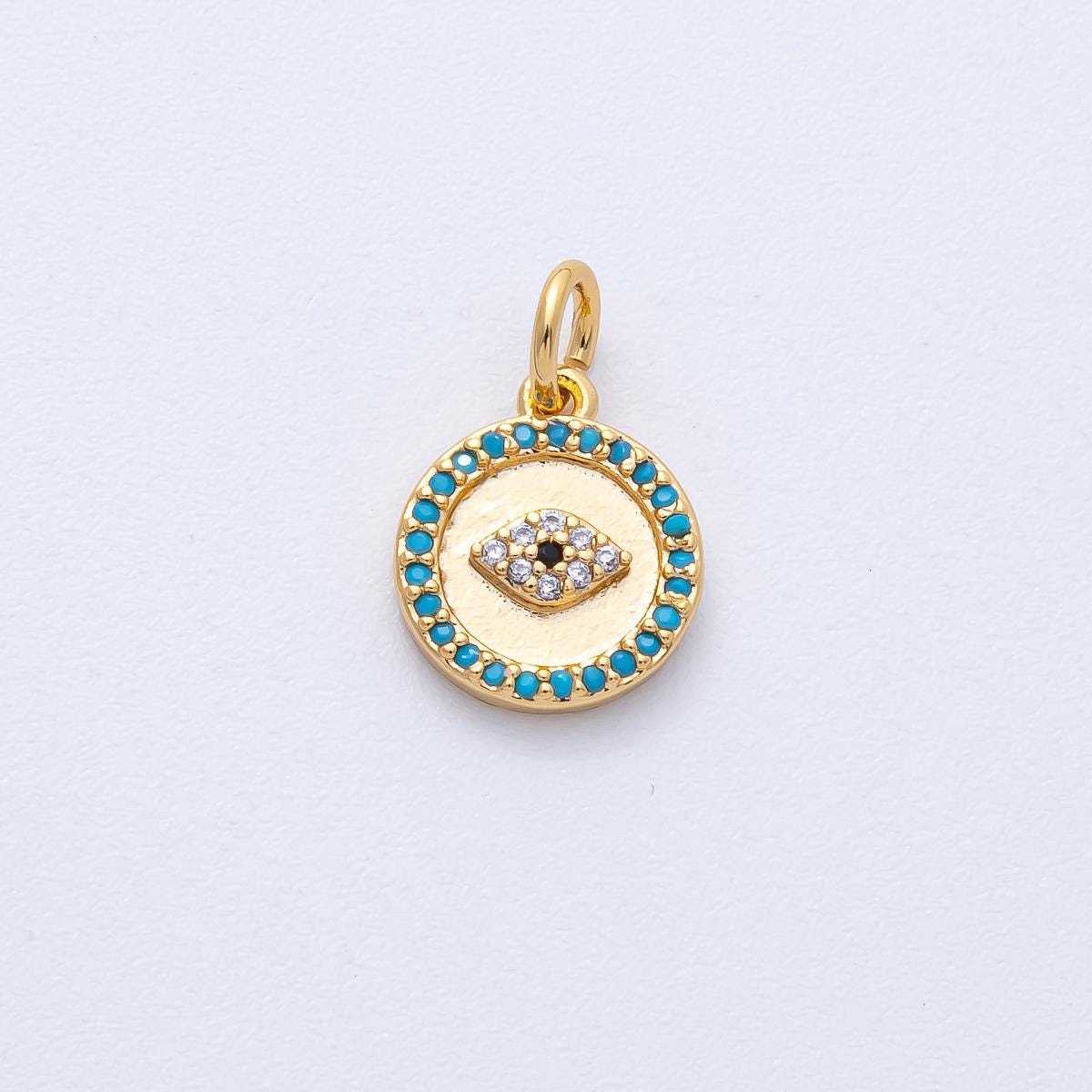18K Gold Filled 12mm Mini Turquoise Micro Paved CZ Evil Eye Round Charm Protection Amulet DIY Jewelry Supply for custom Necklace | AK187
