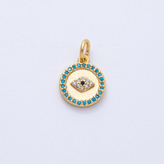 18K Gold Filled 12mm Mini Turquoise Micro Paved CZ Evil Eye Round Charm Protection Amulet DIY Jewelry Supply for custom Necklace | AK187