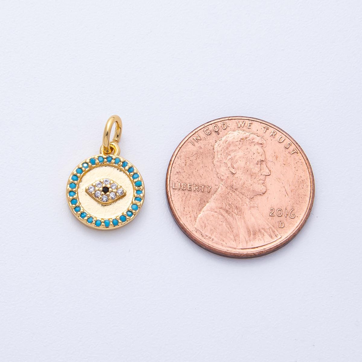 18K Gold Filled 12mm Mini Turquoise Micro Paved CZ Evil Eye Round Charm Protection Amulet DIY Jewelry Supply for custom Necklace | AK187