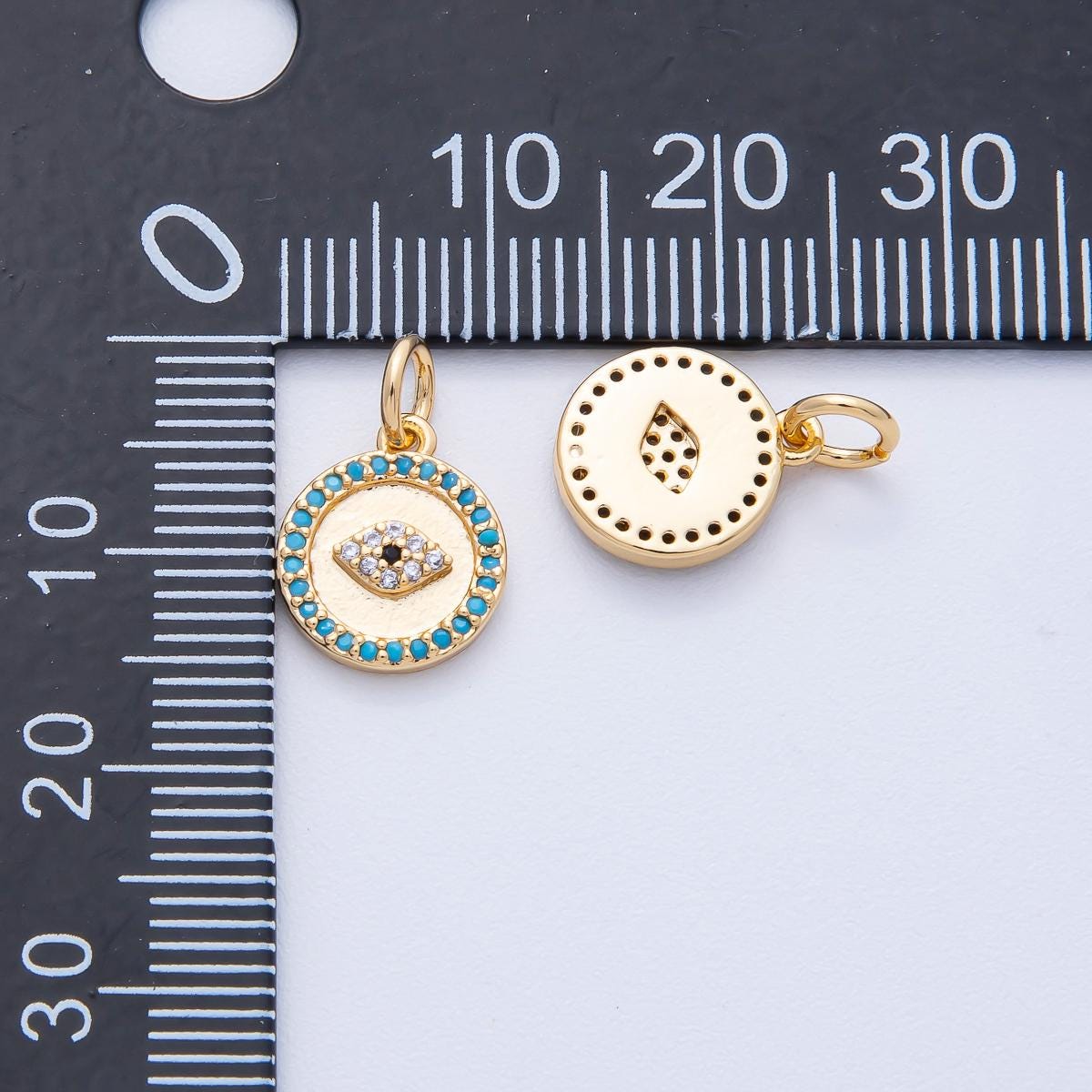18K Gold Filled 12mm Mini Turquoise Micro Paved CZ Evil Eye Round Charm Protection Amulet DIY Jewelry Supply for custom Necklace | AK187