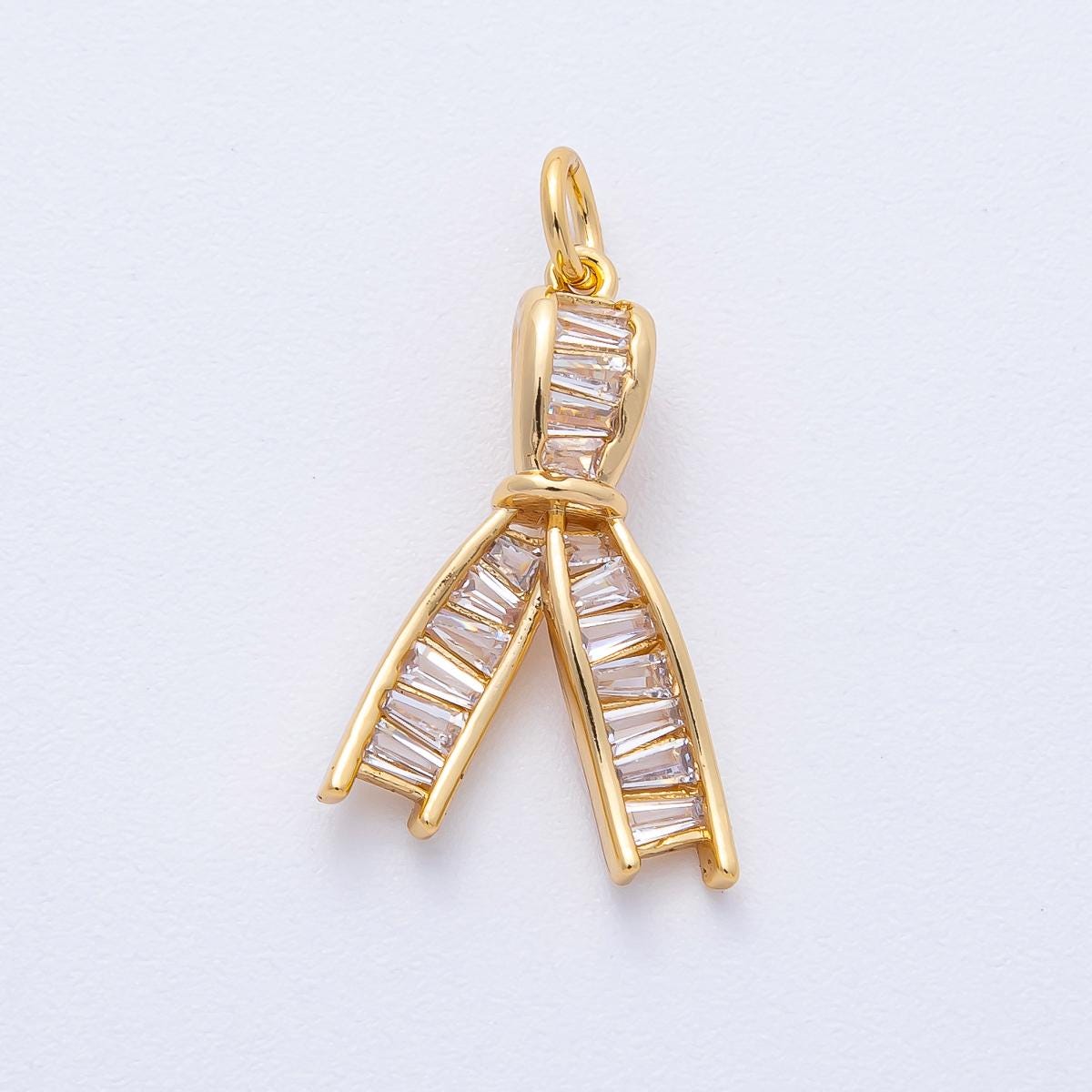18K Gold Filled 21mm Clear Baguette CZ Ribbon Knot Charm Dainty Bow Pendant for Bracelet Necklace Earring Jewelry Making Supply | AK189