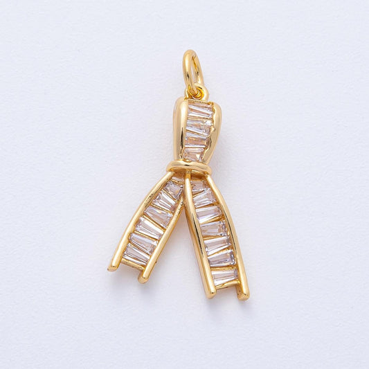 18K Gold Filled 21mm Clear Baguette CZ Ribbon Knot Charm Dainty Bow Pendant for Bracelet Necklace Earring Jewelry Making Supply | AK189