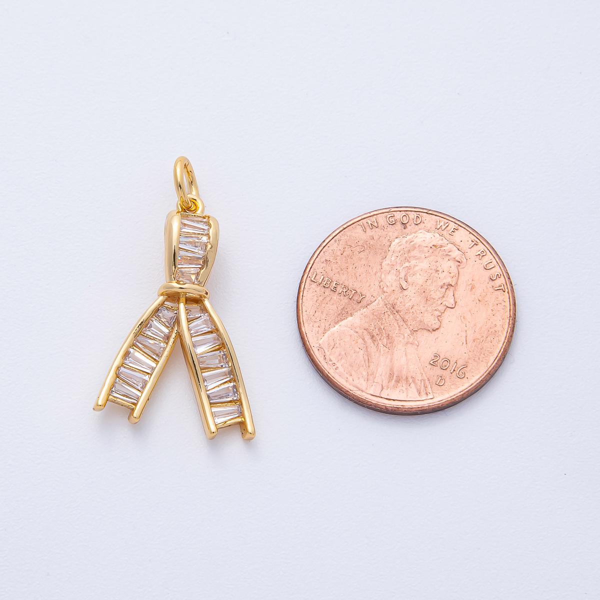 18K Gold Filled 21mm Clear Baguette CZ Ribbon Knot Charm Dainty Bow Pendant for Bracelet Necklace Earring Jewelry Making Supply | AK189