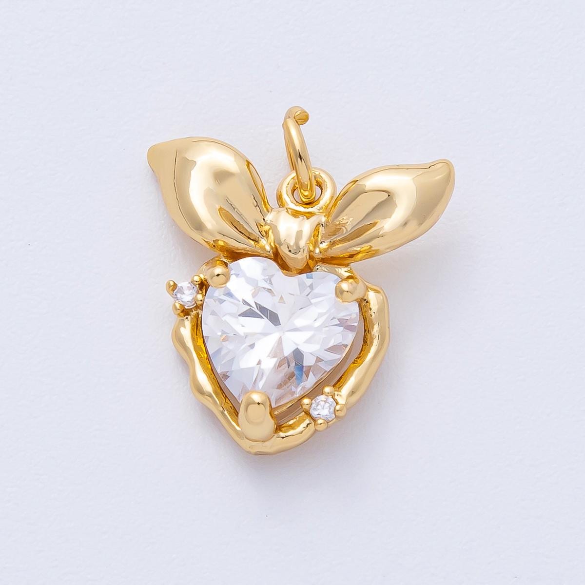 18K Gold Filled 16mm Clear CZ Ribbon Bow Heart Charm Dainty Crystal Pendant DIY Jewelry Supply Finding for custom necklace | AK195