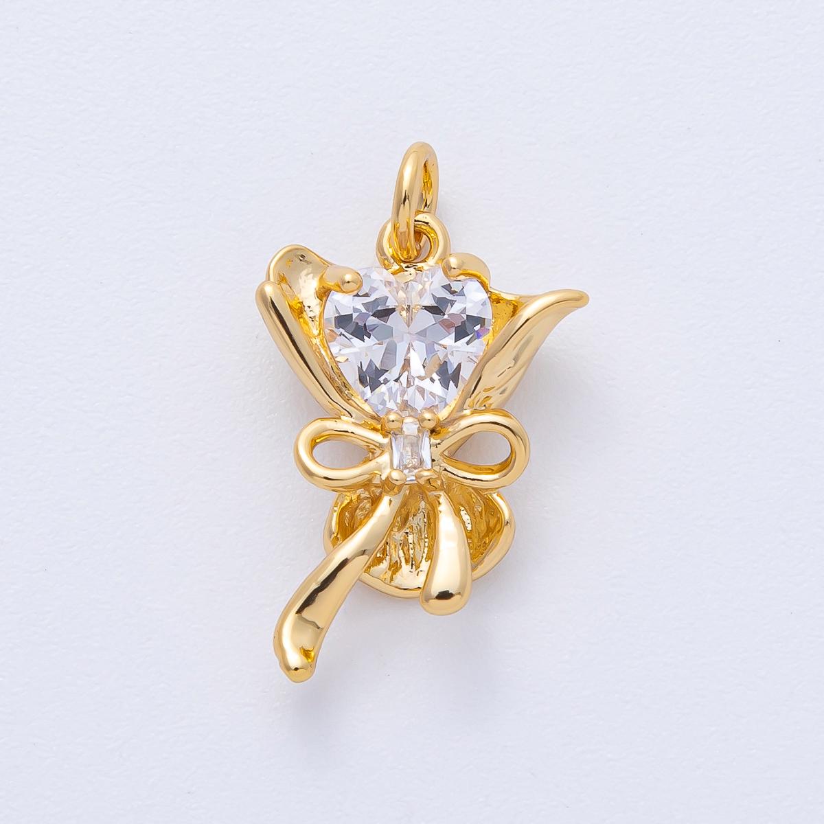 18K Gold Filled 22mm Clear Heart CZ Ribbon Flower Bouquet 3D Multidimensional Mini Charm Dainty Crystal Gift for Her | AK196