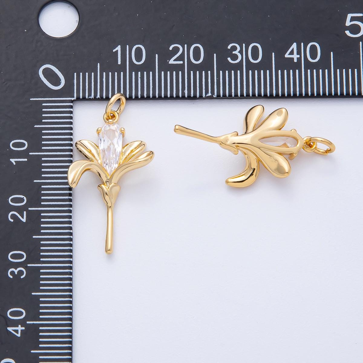 18K Gold Filled 26mm Clear Teardrop CZ Lily Flower Charm Elegant floral jewelry supply DIY for custom necklace or bracelet | AK198