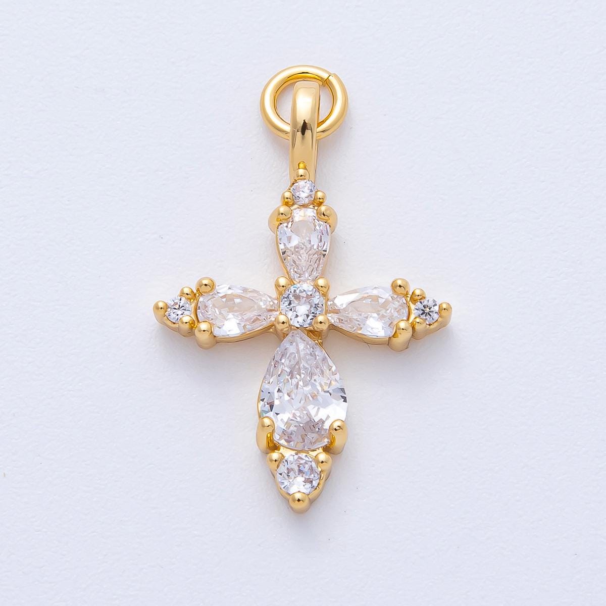 18K Gold Filled 26mm Clear CZ Teardrop Religious Passion Cross Charm Christian Faith Gift Dainty DIY Jewelry Supply for necklace | AK199