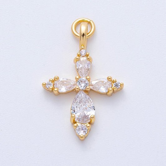 18K Gold Filled 26mm Clear CZ Teardrop Religious Passion Cross Charm Christian Faith Gift Dainty DIY Jewelry Supply for necklace | AK199