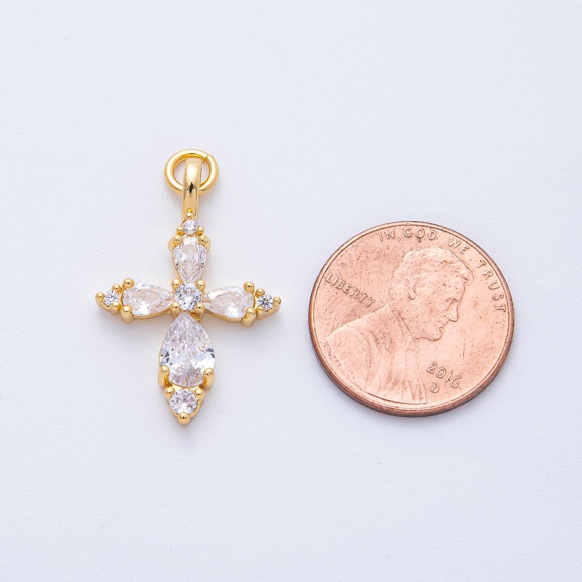 18K Gold Filled 26mm Clear CZ Teardrop Religious Passion Cross Charm Christian Faith Gift Dainty DIY Jewelry Supply for necklace | AK199
