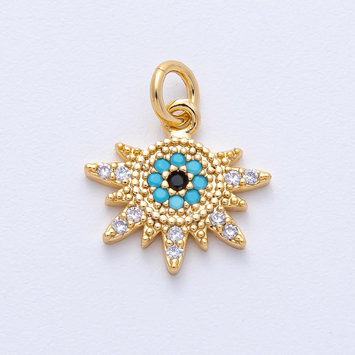 18K Gold Filled 14mm Micro Paved CZ Turquoise Evil Eye Celestial Sun Ray Burst Charm Protection DIY Jewelry Supply for Necklace | AK200