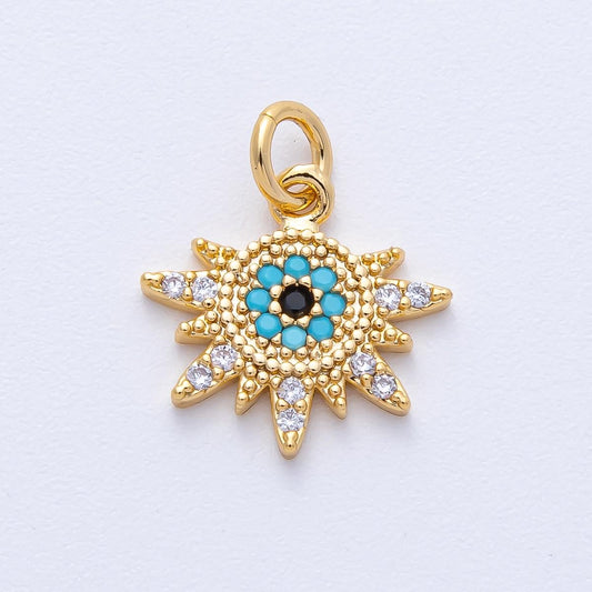 18K Gold Filled 14mm Micro Paved CZ Turquoise Evil Eye Celestial Sun Ray Burst Charm Protection DIY Jewelry Supply for Necklace | AK200