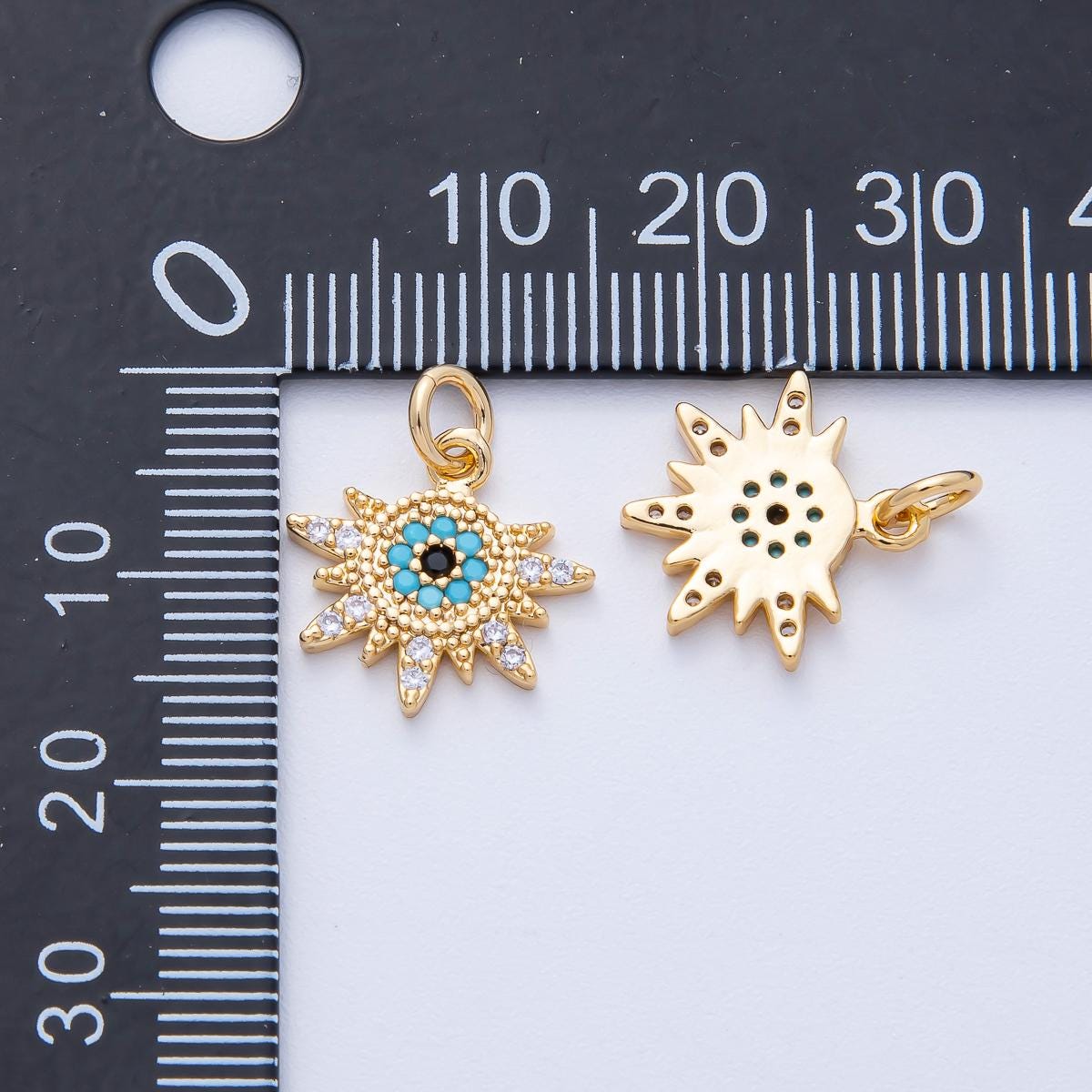 18K Gold Filled 14mm Micro Paved CZ Turquoise Evil Eye Celestial Sun Ray Burst Charm Protection DIY Jewelry Supply for Necklace | AK200