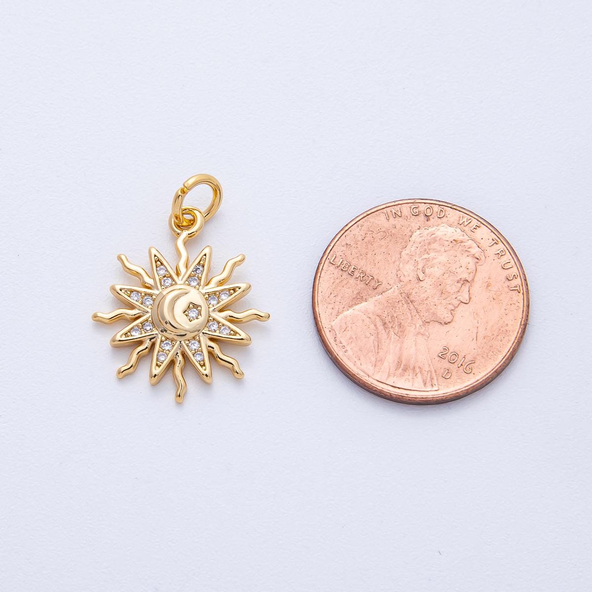 18K Gold Filled 18mm Clear Micro Paved CZ Celestial Crescent Moon Star Sun Ray Charm Mystical Jewelry Supply for custom necklace | AK164