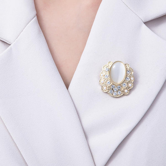 Gold 31mm Cat Eye Rhinestone Geometric Pin Brooch vintage style statement jewelry elegant gift for her for coats bags and scarves | BH-076