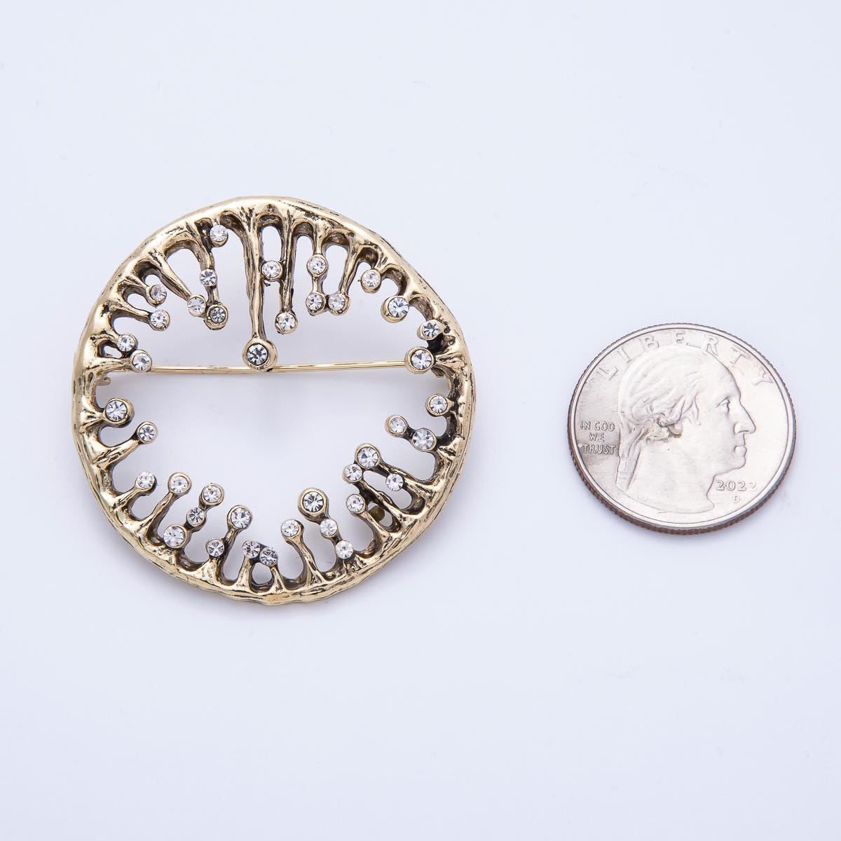 Vintage Gold Rhinestone Round Molten Drip Open Round Pin Brooch Round open Circle Statement Jewelry for Coats Bags and Scarves | BH-086