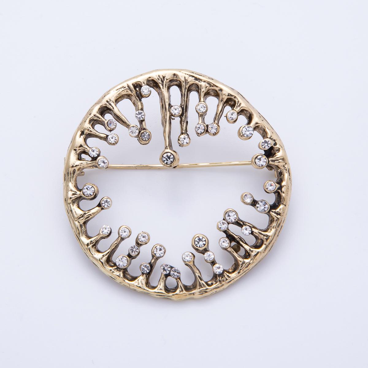 Vintage Gold Rhinestone Round Molten Drip Open Round Pin Brooch Round open Circle Statement Jewelry for Coats Bags and Scarves | BH-086