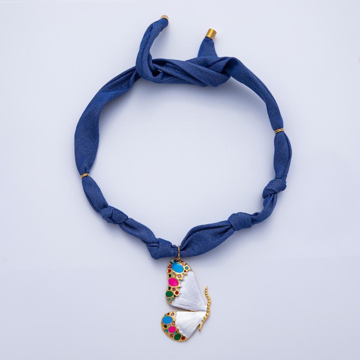 Stainless Steel Colorful White Butterfly Wings CZ Blue Denim Scarf Handmade Necklace Statement Necklace Trendy 2026 | WA-3980