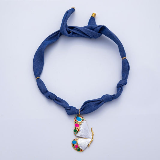 Stainless Steel Colorful White Butterfly Wings CZ Blue Denim Scarf Handmade Necklace Statement Necklace Trendy 2026 | WA-3980