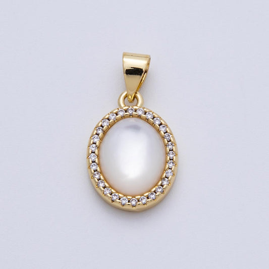 14K Gold Filled 16mm Shell Pearl Cabochon Micro Paved CZ Oval Pendant Dainty Gift for her DIY Jewelry Supply for custom necklace | AA1510
